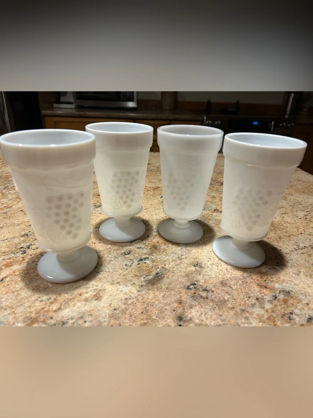 Anchor Hocking Harvest Grape Pattern Milk Glass Goblets Footed Pedestal Set of 4